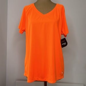 Danskin Now 🧡 Sporty Safety Orange Moisture Wicking Active V-Neck Poly Tee